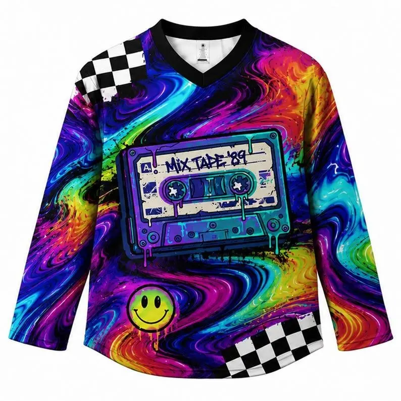 Retro Mixtape Hockey Jersey Psychedelic Rave Streetwear Festival Apparel Hockey Shirt Psychedelic Festival Outfit, Unisex Jersey, Gift For Him, Gift For Her