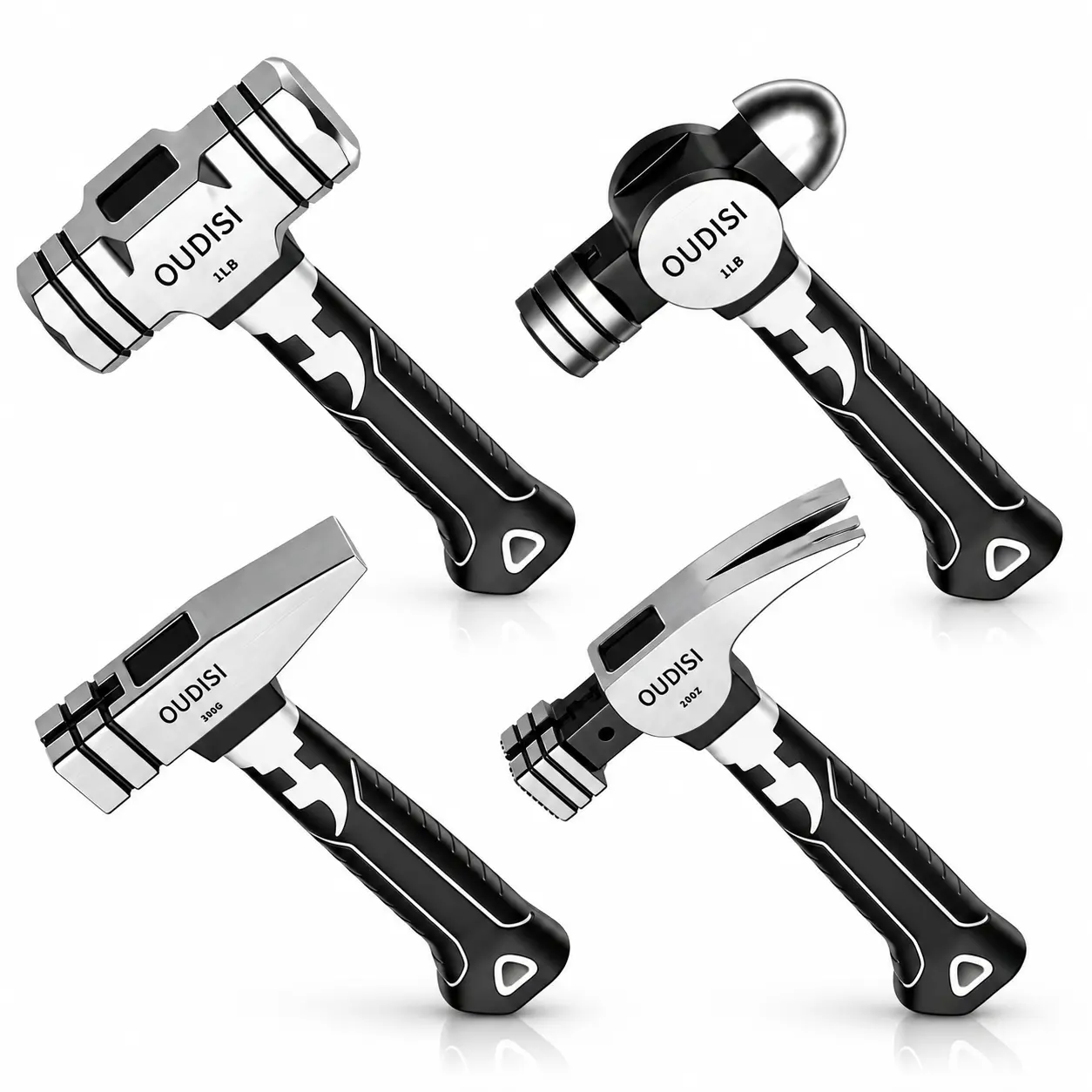 OUDISI 4-Pcs Multi-Size High Carbon Steel Hammer Set, Ergonomic Non-Slip Shock Reduction Handle, Multipurpose Hand Tools for Home Repair, Woodworking (4 hammers), Four Hammers