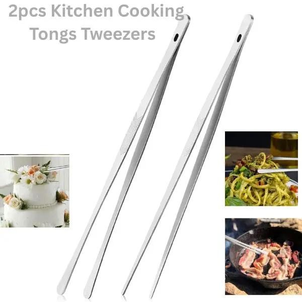 2PCS 12-In Compact Size Ultra Durable Rust Resistant Stainless Steel Kitchen Tweezers Tongs Set, Serrated Design Secure Grip Precision Chef Utensils for BBQ, Food Plating