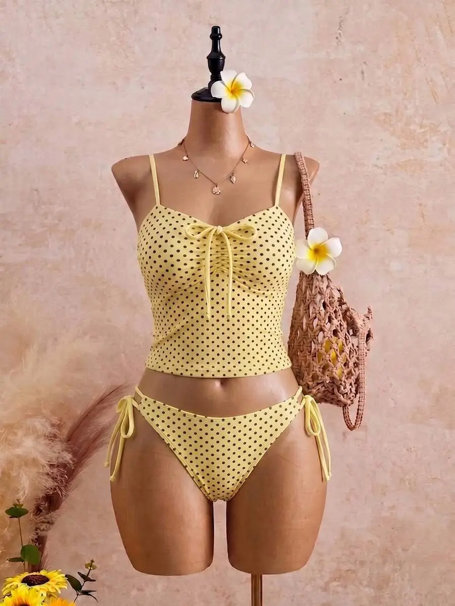 Trendy Plus Size 2 Piece Swimsuit Spaghetti Strap Ruched Bow Tankini Bikini Set Adjustable Side Tie Bathing Suit for Curvy Women Beach Vacation - Back to School