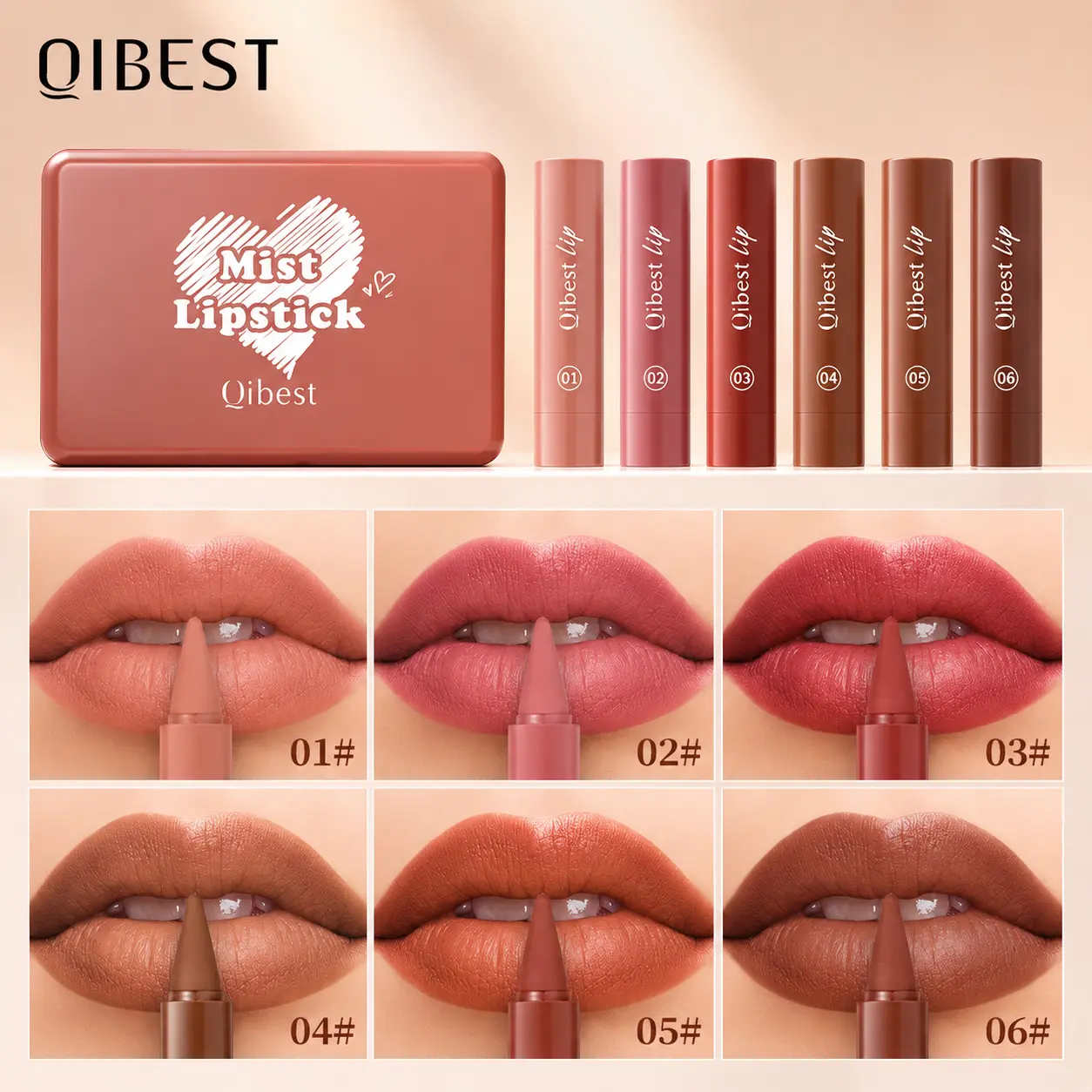 buaulyglazed Lipstick Crayon 6-Piece Set, Silky Velvet Matte Formula, Highly Pigmented, Long Lasting Waterproof Cosmetic for Flawless Lips, Makeup, Multi-Pack, All Skin Types