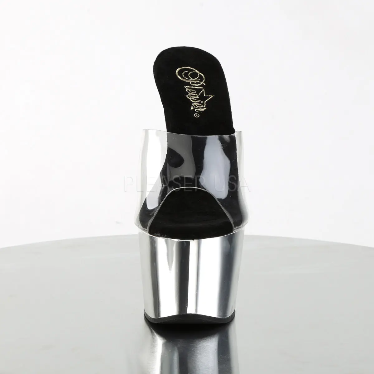 Women's Stiletto Mules with Transparent Upper, Bold 7" Platform Footwear, Stylish Comfortable Heels with Reflective Silver Chrome Finish, High Heels, Fashion Apparel, Slip On, Glamorous Heels