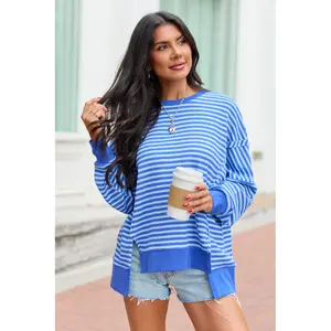 Kara Blue Stripe Waffle Pullover