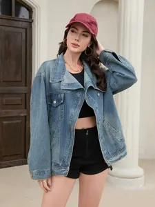 Women's Vintage Washed High Neck Asymmetric Button Loose Denim Jacket Street Style Trendy Versatile Top for Spring Autumn Winter Seasons Coats