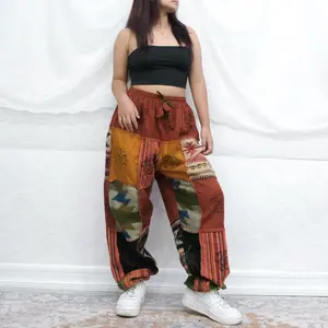 Patch Winter Joggers, Unisex Wool Blend Hippie Trousers, Block Print, Handmade Harem Yoga Pants, Plaid Baggy Pants, Boho, Mushroom Print, Unisex Stretchy Cargo Pants with Pockets,