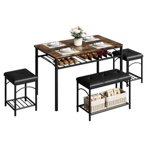 Space-Saving Modern Dining Table Set for 4  for Small Apartments, Studios, Breakfast Nooks, Compact Dining Rooms  Includes Upholstered Bench & 2 Stools – Ideal