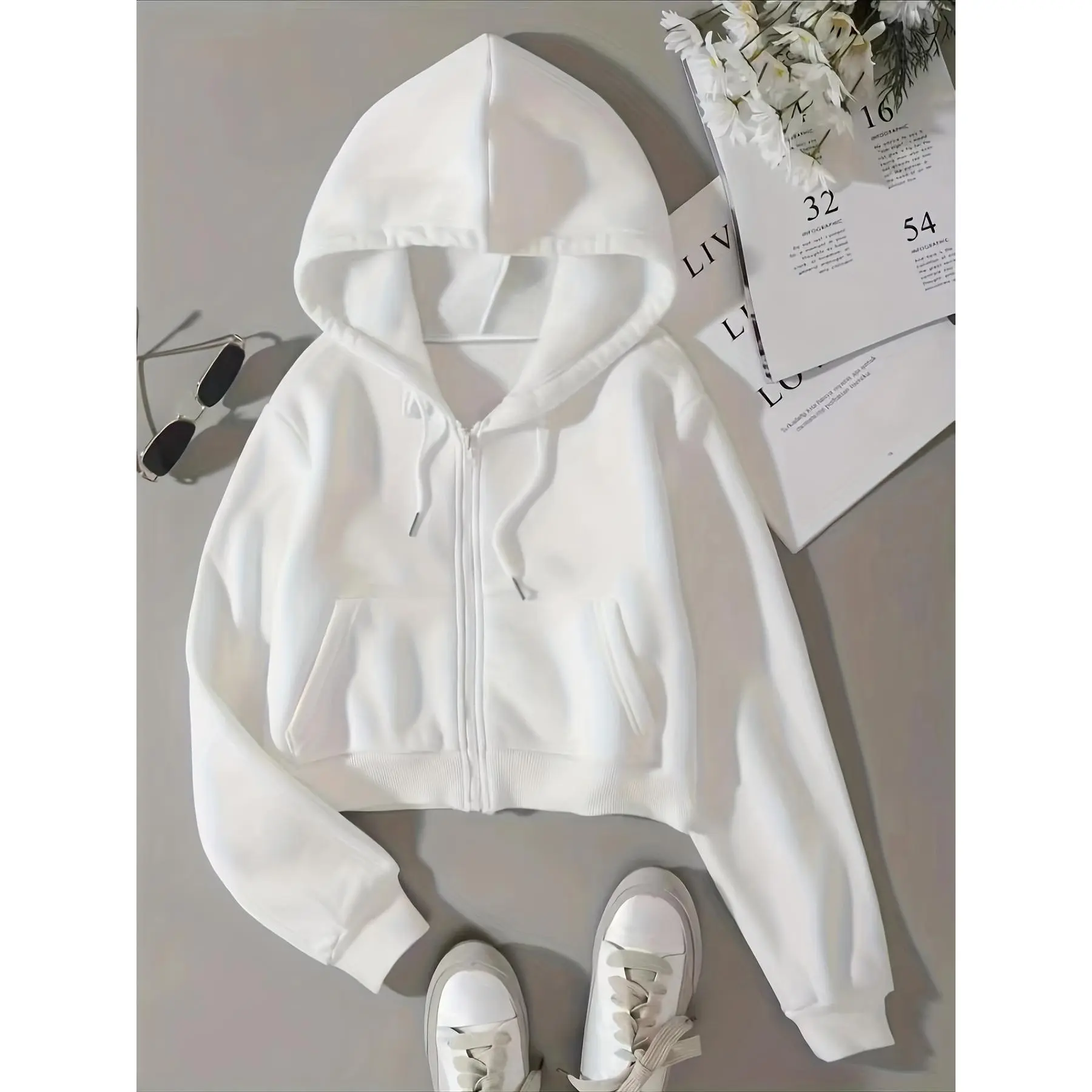 [Long Sleeve Pocket Sweatshirt Top] Solid Drawstring Zip Up Thermal Lined Crop Hoodie Sweatshirt, Long Sleeve Pocket Front Sweatshirt, Women's Tops