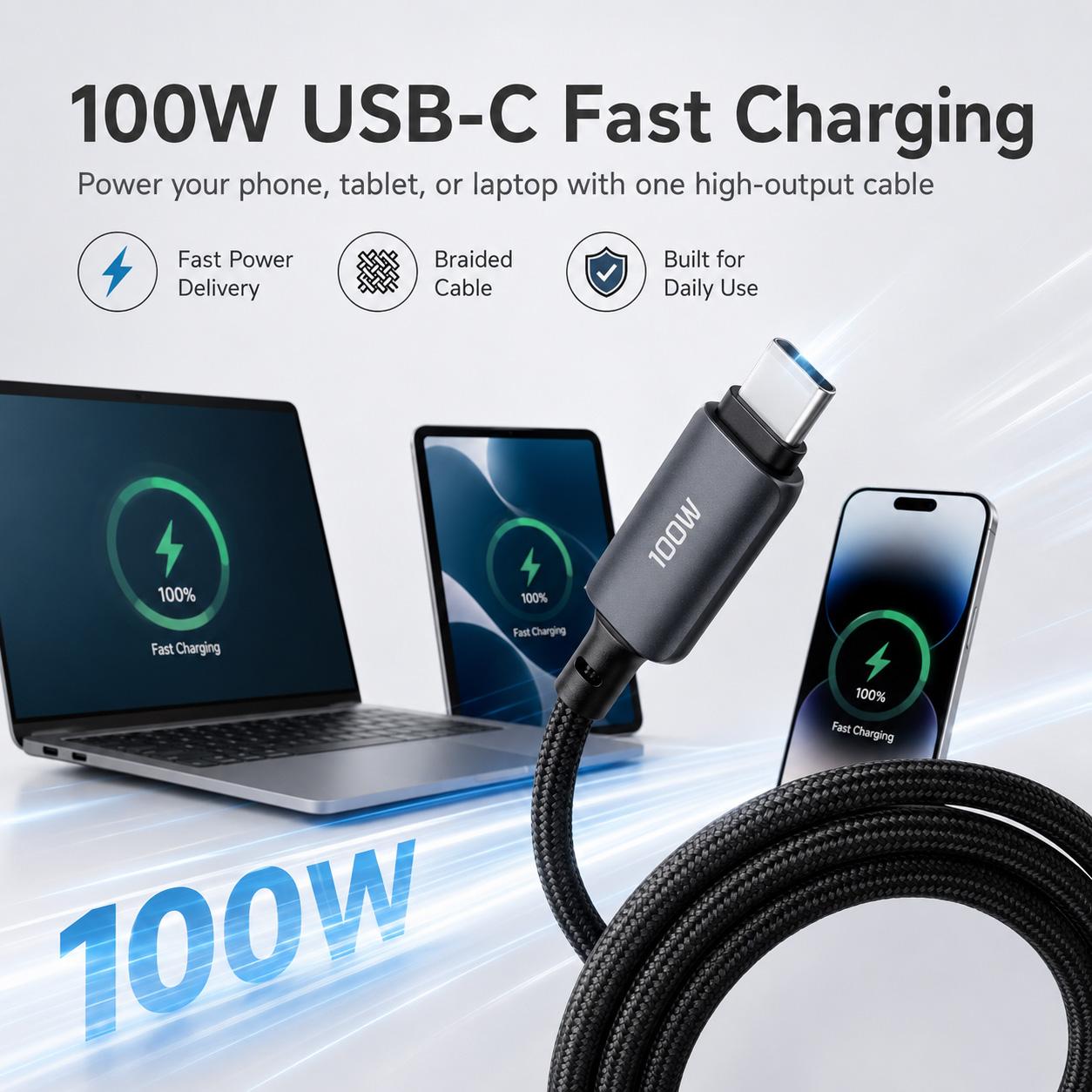 2-in-1 Fast Charging Cable,with Magnetic Watch Charger,100W USB-C PD Fast Charging Braided Cable,5W Magnetic Smartwatch Charger,480Mbps Data Sync Cord Durable Braided Wire for All Device