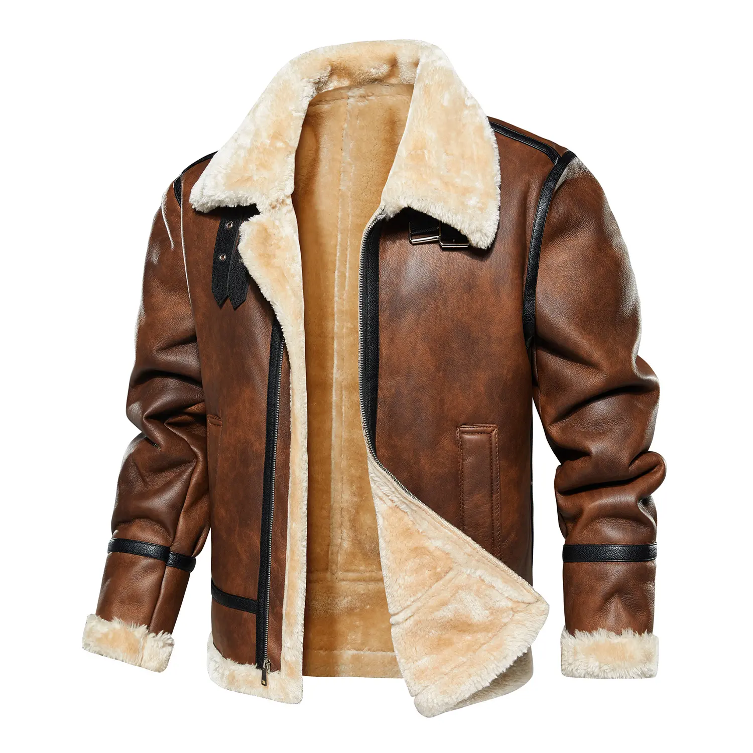 Men's Faux Leather Aviator Jacket - Sherpa-Lined Full-Zip Bomber Coat with Contrast Trim, Fitted Cut, Buckle Strap Details, Pockets for Winter Wear
