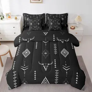 Bull Skull 7 Pcs Comforter Set,Boho Horns Bedding Kids Ethnic Bohemian Bed in A Bag Sheet Set,Tribal Symbol Mysterious Aztec Room Decor Geometric Abstract Black Silver Bed Set