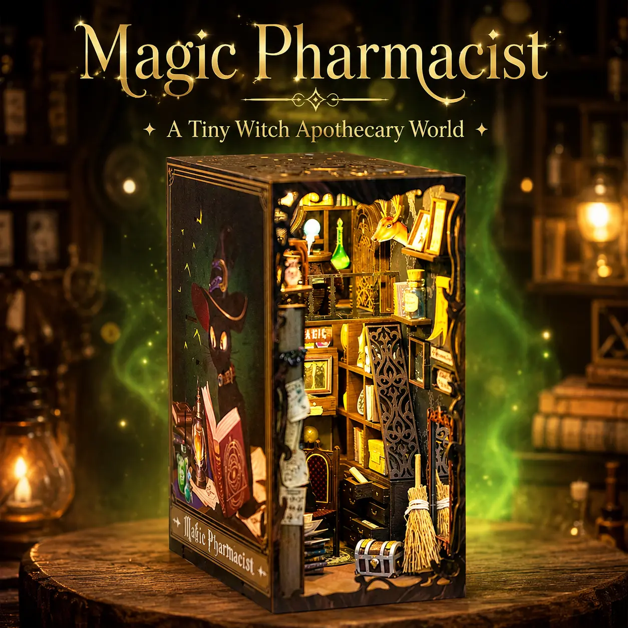 CUTEBEE Magic Pharmacist Book Nook Model Kit - DIY 3D Wooden Assembly Kit, Creative Building Block Playset, Miniature Dollhouse with LED Light, Bookshelf Insert Decor, Collectible Craft Gift for Adults, Diy Model Kit, Collectibles