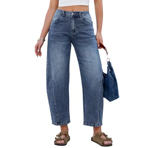 【GRAPENT Stretchy Barrel Jeans】Women's High-Waist Zip-Front Crop Wide-Leg Above Ankle Denim Bottoms, Cotton-Blend Elastane with Side Seam Detail, All-Seasons Trendy Cropped Jeans for Women's Clothes Streetwear Casual Wear,sohochic