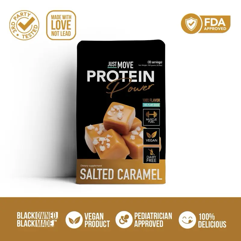 Just Move Vegan & Organic Plant-Based Protein Powder (US-Sold) - Salted Caramel, 20g Protein, Fitness Fuel, Clean Organic Mix, Energy Boost, Keto, Low Carb, Dairy-Free, Non-GMO, 18-Month Shelf Life, Balanced Nutritional Supplement