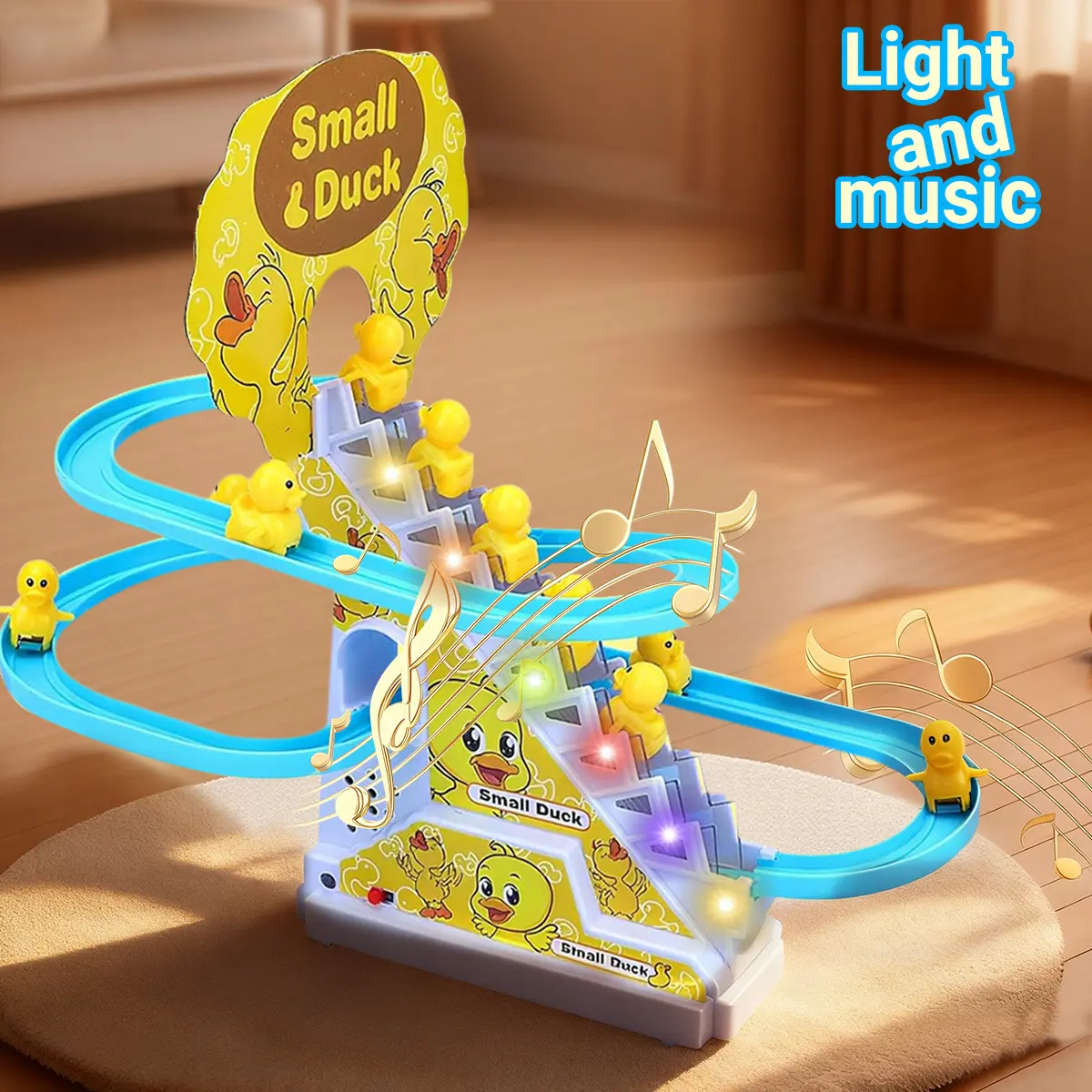 Small duck climbing toy, electric duck chase track game set, fun roller coaster toy with LED flash and music (9 ducks+screwdriver)