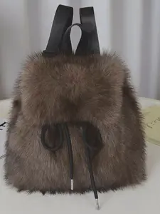 New Year Gift Faux Fox Fur Fluffy Backpack for Women, Casual Drawstring Magnetic Buckle Large Capacity Bag, Student Travel Shopping Shoulder Bag