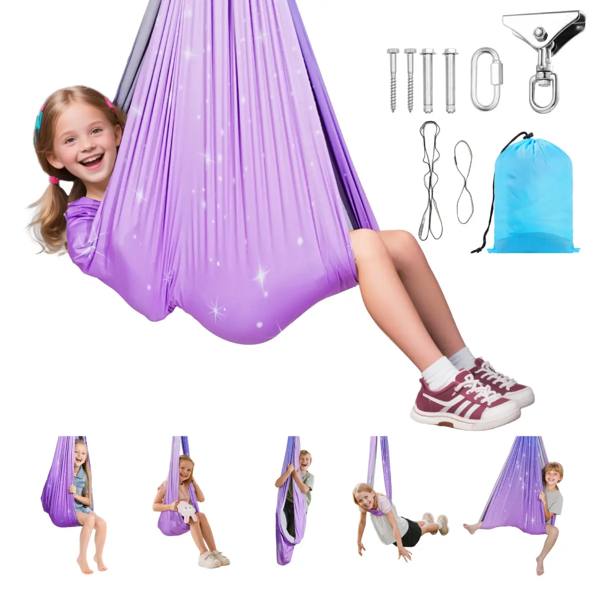 Aobtkel Sensory Swing Hammock 55"x59" 300lbs for Kids Adults Double Layer Stretch Fabric Cocoon Wrap 360 °   Swivel Hook Indoor Outdoor Calming Therapy Swing for Autism ADHD Anxiety Relief Home Classroom Playroom Gift