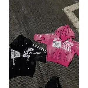 Men's Hoodie American Retro Glitter Water Diamond Embroidery Zipper Hoodie Men's and Women's Punk Gothic Stripe Patch Fashion SportswearRAIMENTRY