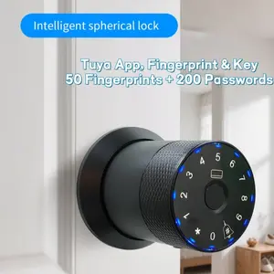 Smart Knob Door Lock - TUYA App, Fingerprint & Key, 50 FP + 200 PW Capacity, Digital Keypad for Bedroom & Office