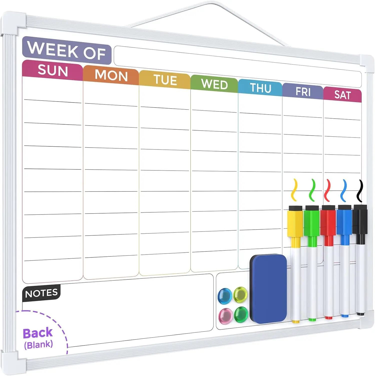 MaxGear Double-Sided Magnetic Weekly Dry Erase Calendar Board - 16x12in Weeks Planner, 12in Portable Wall Fridge Locker Organizer for Students, Hanging Rope, Easy to Store and Carry, 5 Markers, 4 Magnets, Homeschool College School Supplies