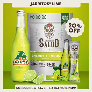 Salud x Jarritos 2-in-1 [Energy + Focus – Lime] Clean Energy Drink Mix, Agua Fresca, Organic Caffeine, B6 & B12, L-Theanine, Drink Packets, Non-GMO, Gluten Free, Vegan, Low Calorie, 1g Sugar (15 Servings)