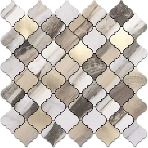 Arabesque Peel and Stick Backsplash Tile, Stick  Backsplash for Kitchen and Bathroom,   Grain Marble Look PVC Mixed Metal  Mosaic Tiles(10 Sheets)
