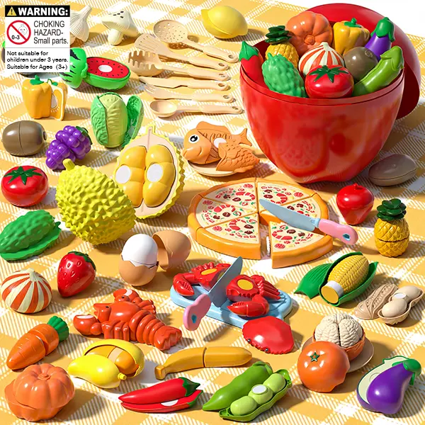 AIBEIQITOY Kids Pretend Cooking Set, 44 Pieces Realistic Cutting Toy Food with 6-Slice Pizza, Fruits, Vegetables & Seafood, Satisfying ASMR Sensory Play Kitchen Accessories with Storage Basket for Toddlers Ages 3+ (24PCS/55PCS Sets Available)