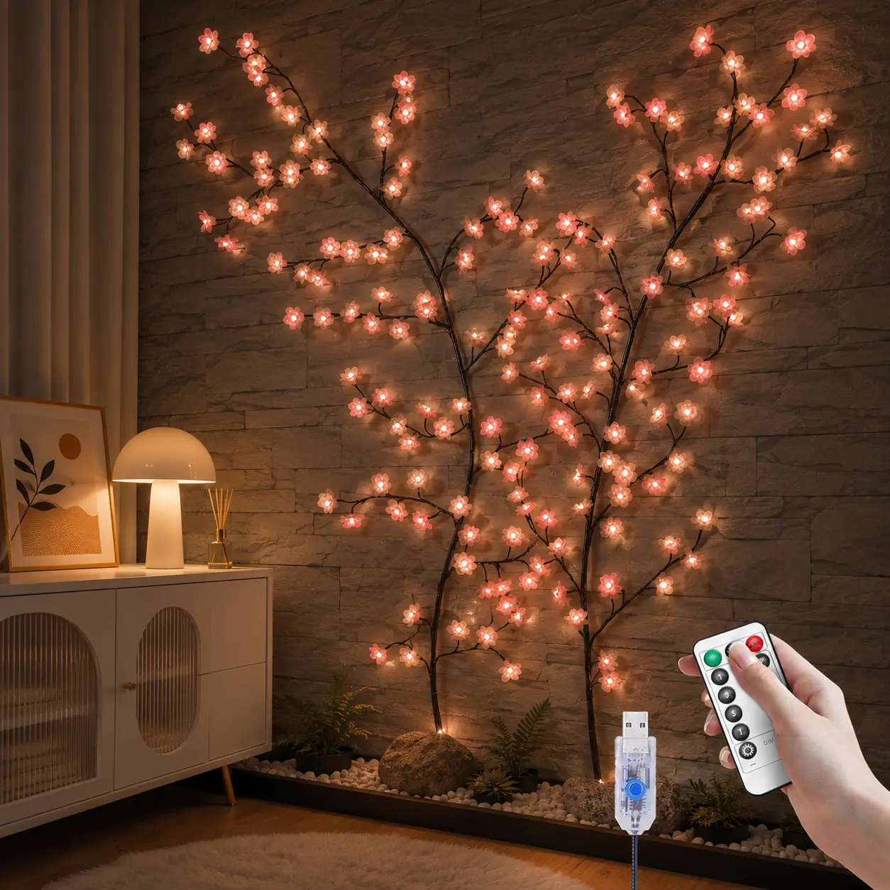 63 Inch Cherry LED Tree Branch Wall Lights | 72 LED Cherry Blossom Willow Vine Twig Garland with Remote Control, 8 Lighting Modes, All-Season Holiday Decor, Indoor Ornament for Home Wall Door Window Christmas Party, Led String Lights, Ambient Vibe Lights