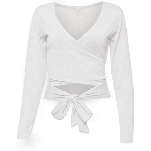 Women's Deep V Neck Bandage Surplice Wrap Crop Top Shirts Womenswear Blouse Long Sleeve Chic Casual Fit Vneck Basic Army Green