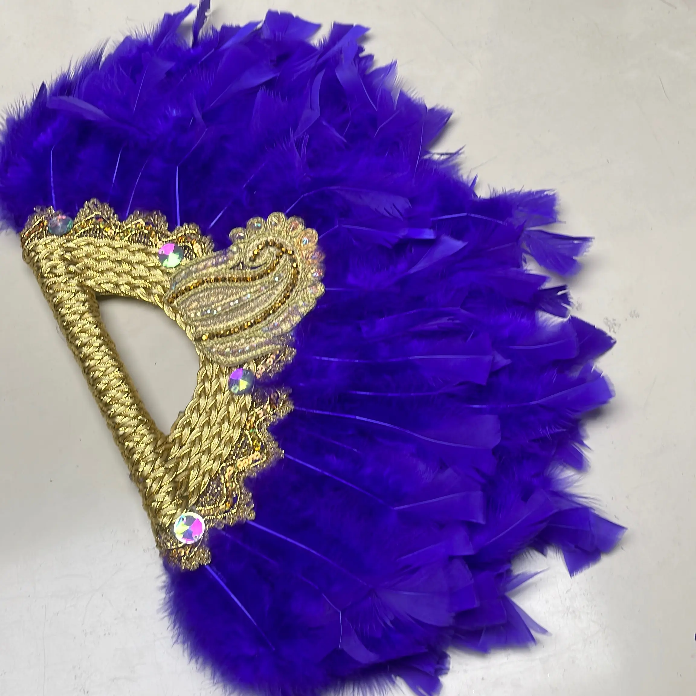 Purple African Handmade Fan with Feathers and Jeweled Accents