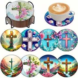 8-Piece Diamond Painting Set with Stand, Cross Flower Theme Coasters, Sparkling Diy Diamond Art Wooden Mosaic Handmade Kit, Diamond Painting Kits
