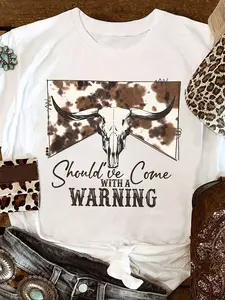 Plus Size, Western Bull Head Summer Women's Plus Size Short Sleeve Round Neck T-Shirt Comfortable Fit Casual Printed Top