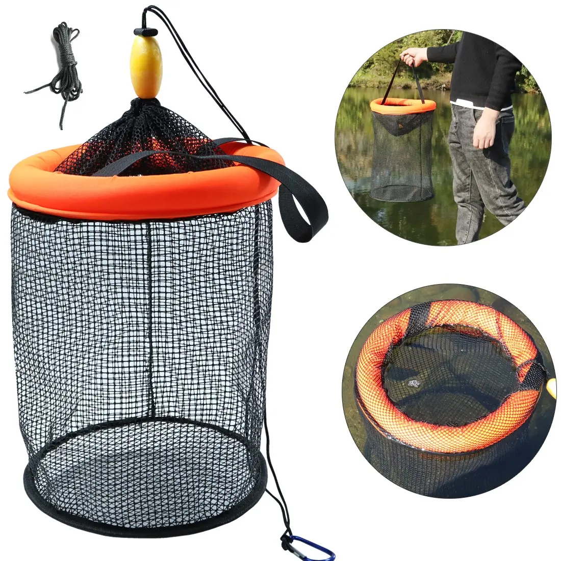 Portable Floating Fishing Basket for Caught Bait Shrimp Minnow Live Well Coated Nylon Net Mesh Collapsible Storage Cage Rubber Kayak Fish Net Bucket Fishing Bag Fishing Tackle Fishing Accessories Fishing Equipment
