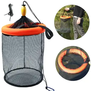 Portable Floating Fishing Basket for Caught Bait Shrimp Minnow Live Well Coated Nylon Net Mesh Collapsible Storage Cage Rubber Kayak Fish Net Bucket Fishing Bag Fishing Accessories