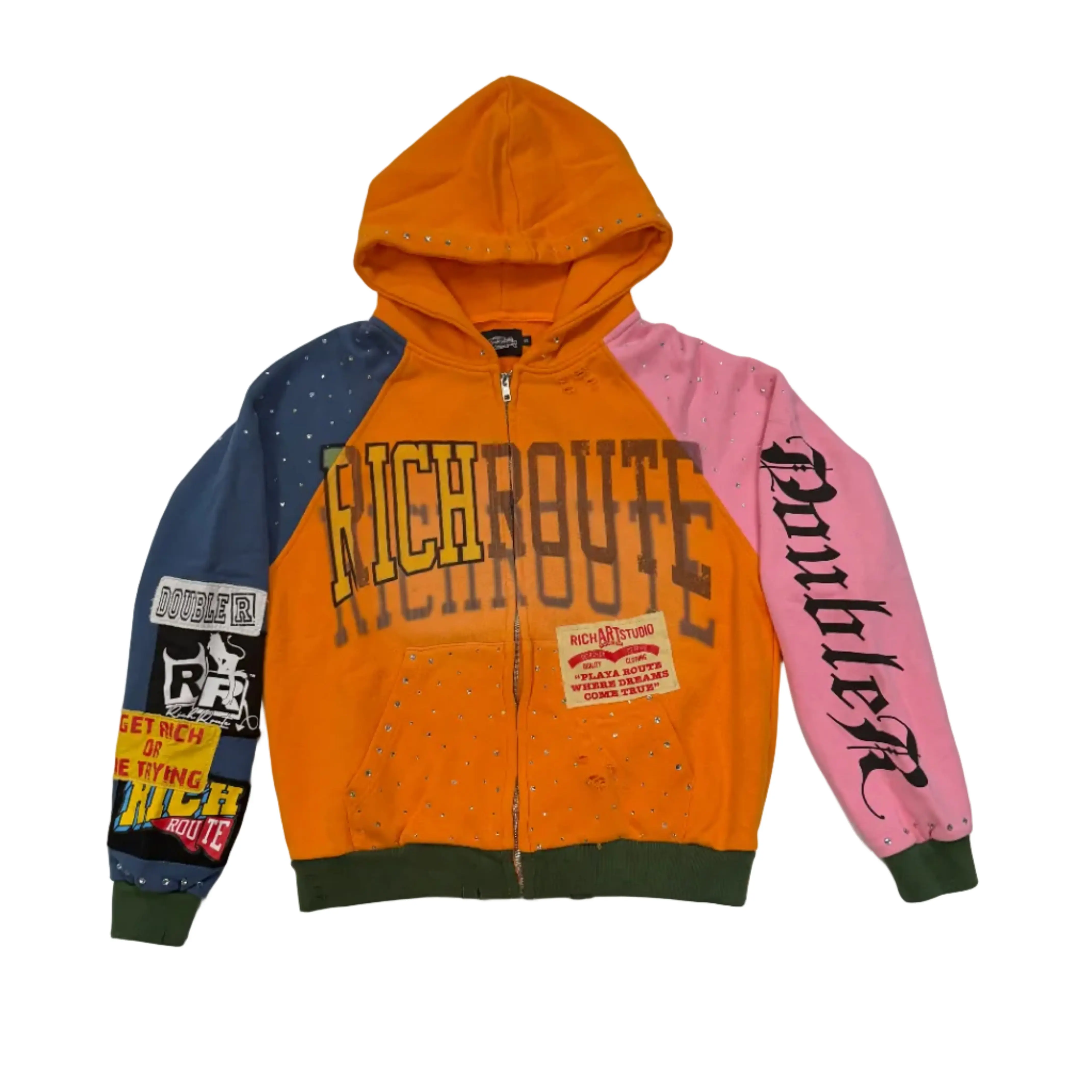 Men's Multi-Color Patchwork Zip-Up Hoodie, Ribbed Hem, Graphic Design, Cotton Fabric, Zipper, Zip Front Men's Hoodies, Rhinestones