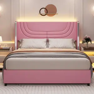 Twin/Full/Queen Bed Frame with Patterned Wingback Headboard, Upholstered Platform Bed with LED Lights & Metal Accents, No Box Spring Needed, Easy Assembly, Pink/Beige/Black (USB LED Strip)