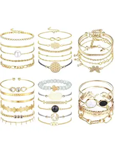 Diverse 32 Pcs Golden Chain Bracelets Set Gorgeous Multiple Layered Stackable Open Cuff Wraps for Women Men Bangle Adjustable Fashion Paperclip Link Cuban Beaded Bracelets Jewelry Set