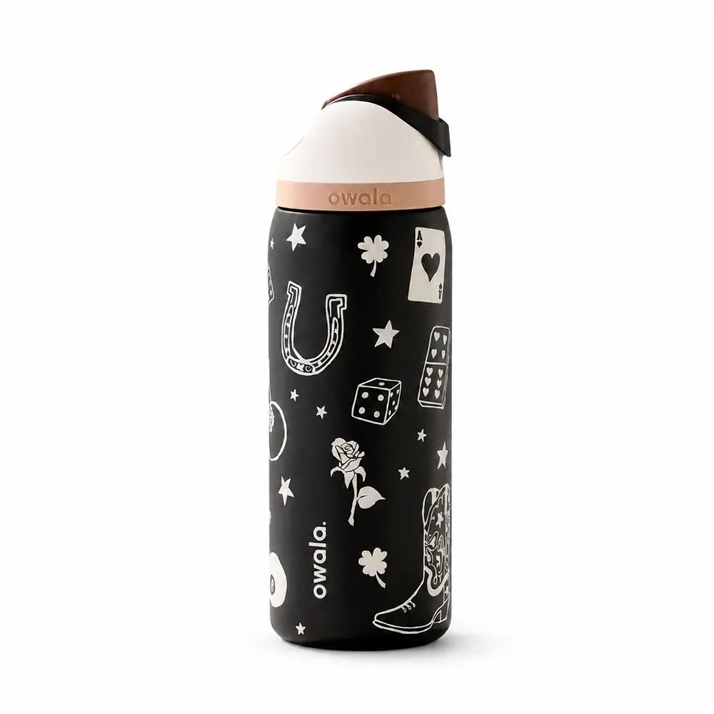 Owala Black Western Cowgirl Insulated Water Bottle with Built-In Straw, Push-Button Lid & Carry Handle – Horseshoe, Cowboy Boot, Dice & Playing Card Print Stainless Steel Bottle for Women & Teens