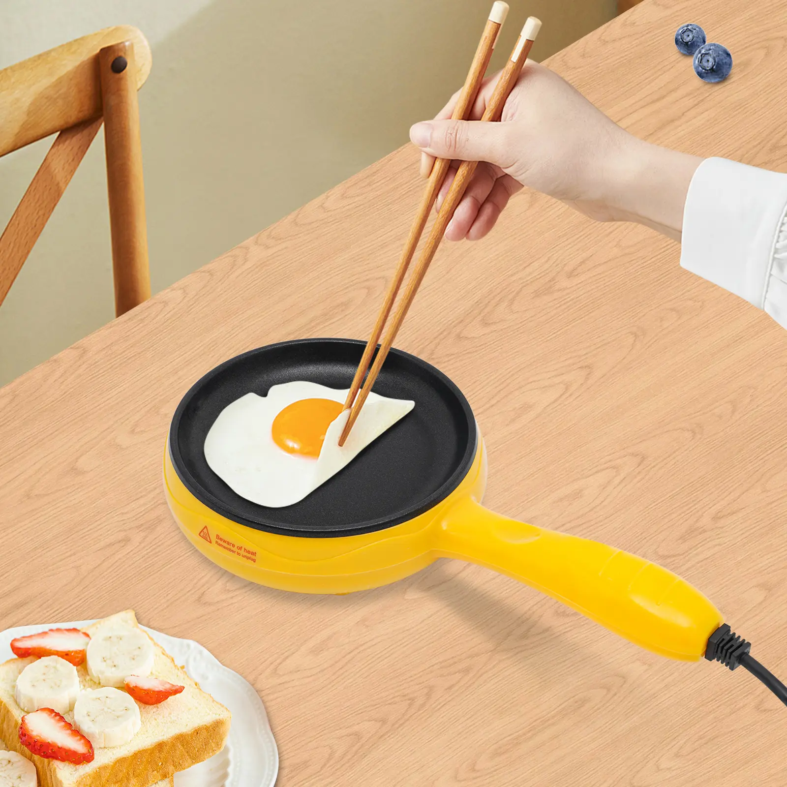 Round Egg Cookware Set with 1* Wooden Spatula, 110V, 60Hz for Sausage, Ham, Pancake Preparation, 15*5.5Cm/5.9*2.2In