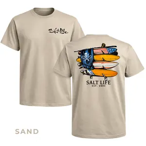 Salt Life Surfboards T-Shirt 2 Sided – American Flag Boards & Skull, Beach Adventure Style, Ideal Gift for Anglers, Hunter
