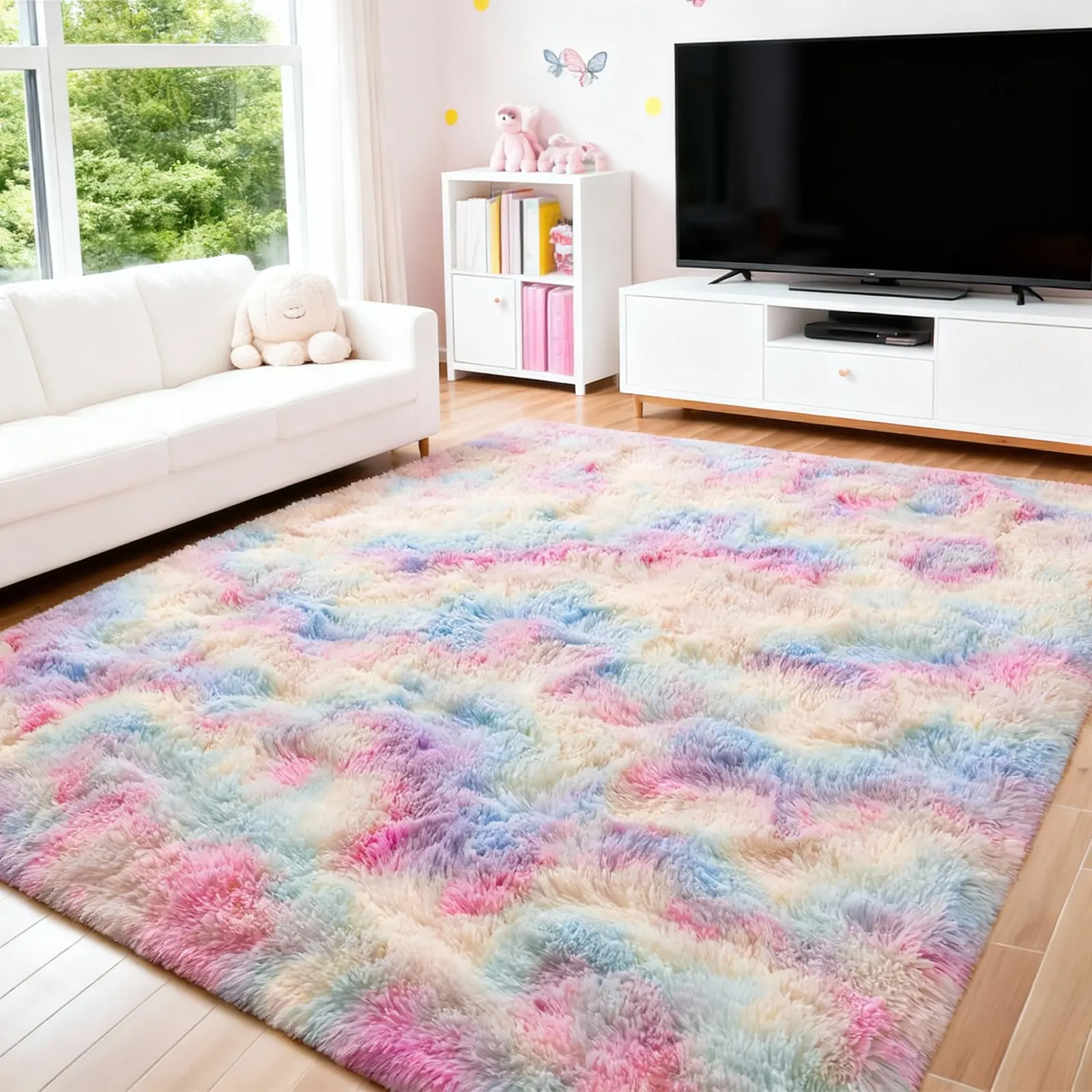 Luxury Fluffy Multi-Size 3-Layer Synthetic Fiber Princess Area Rug - Soft Fuzzy for Kid Room, Bedroom Home Decor - Rainbow, Pink-Purple, Rainbow Blue (3x5, 4x6, 5x7, 5x8, 6x9, 8x10 ft)