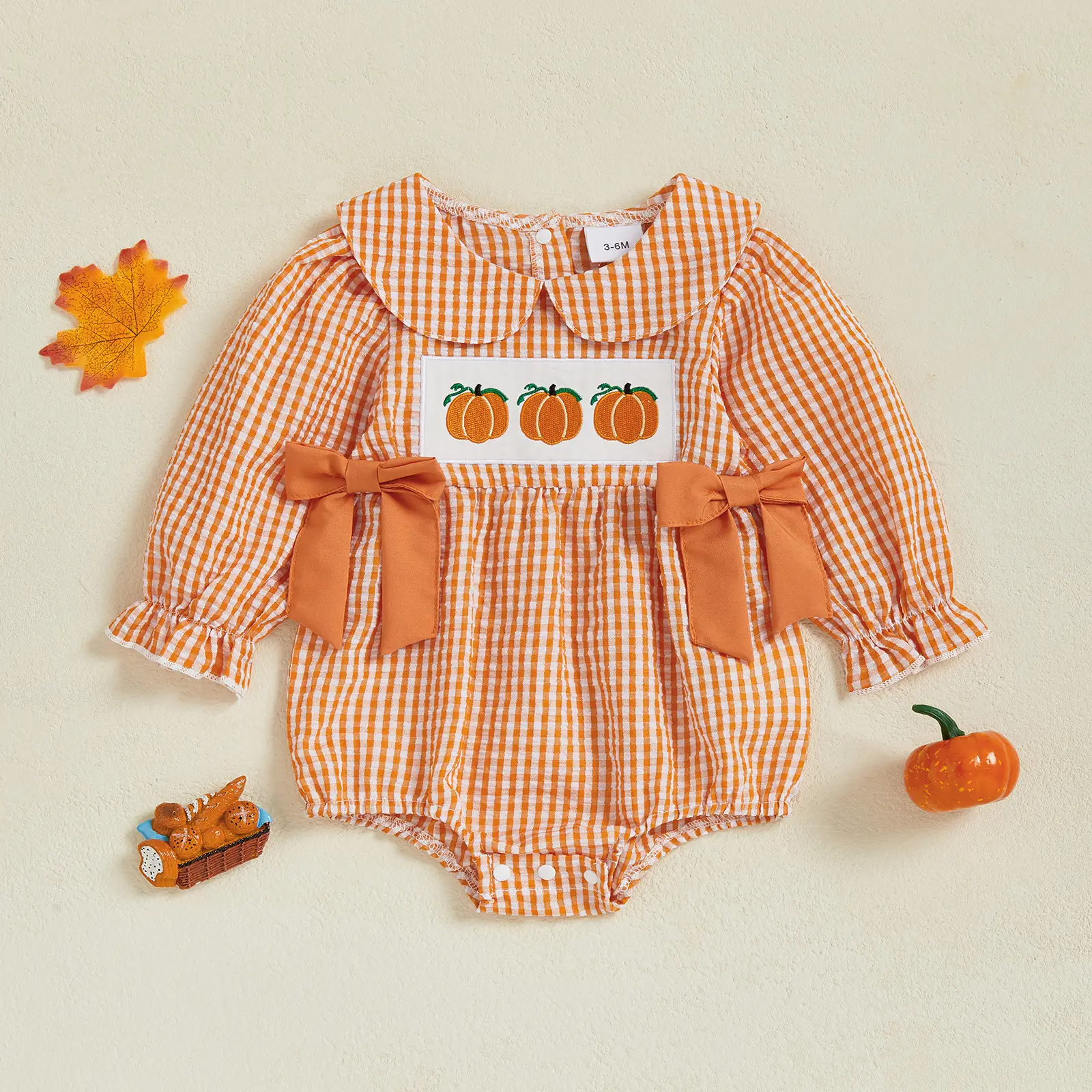 Infant Baby Girl Halloween Plaid Romper Pumpkin Embroidery Long Sleeve Doll Collar Bow Decor Jumpsuit