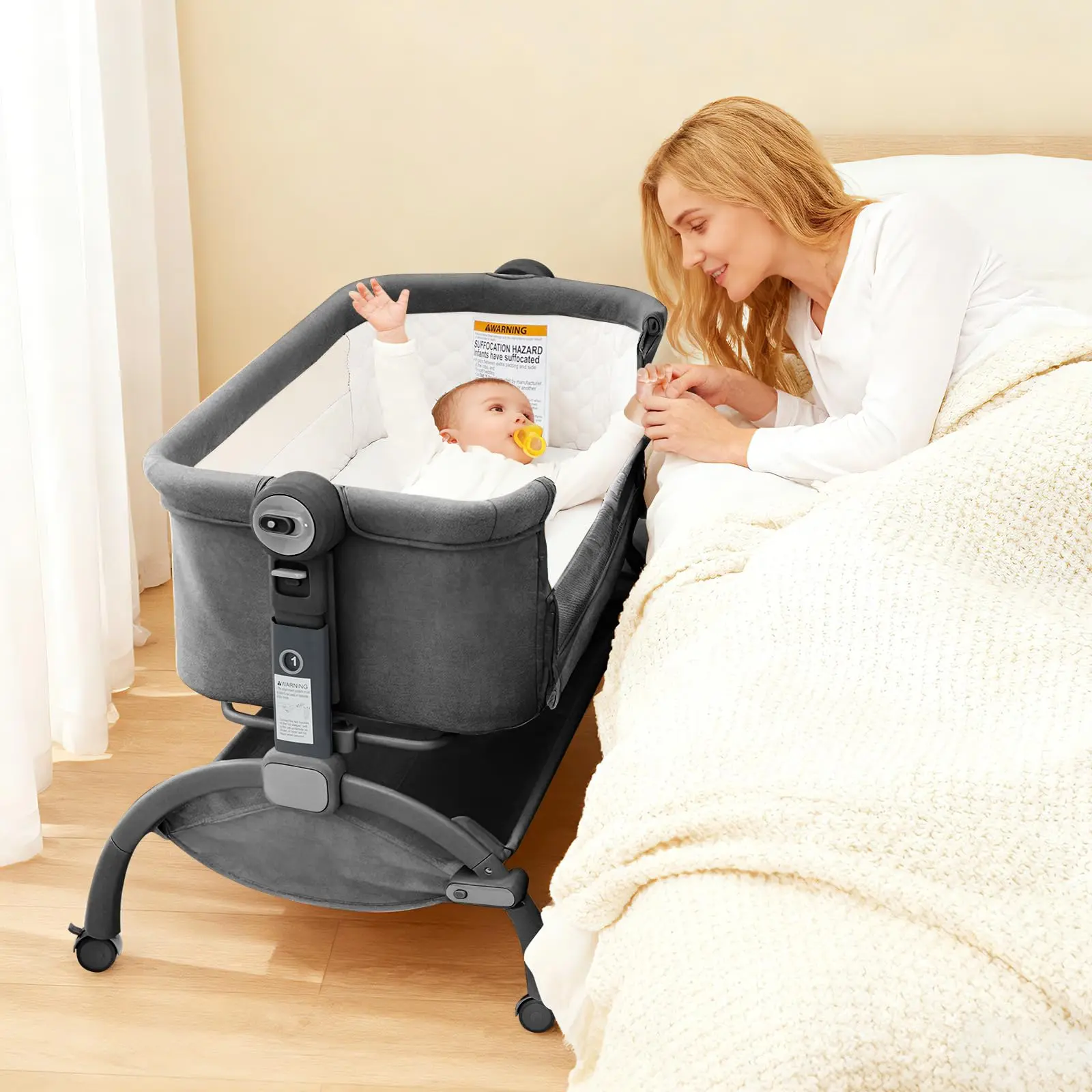Dark Grey 3-in-1 Baby Bedside Bassinet - Foldable Co-Sleeper Travel Crib with Adjustable Height, Silent-Glide Wheels, Mesh Mosquito Net, Fabric Storage Basket