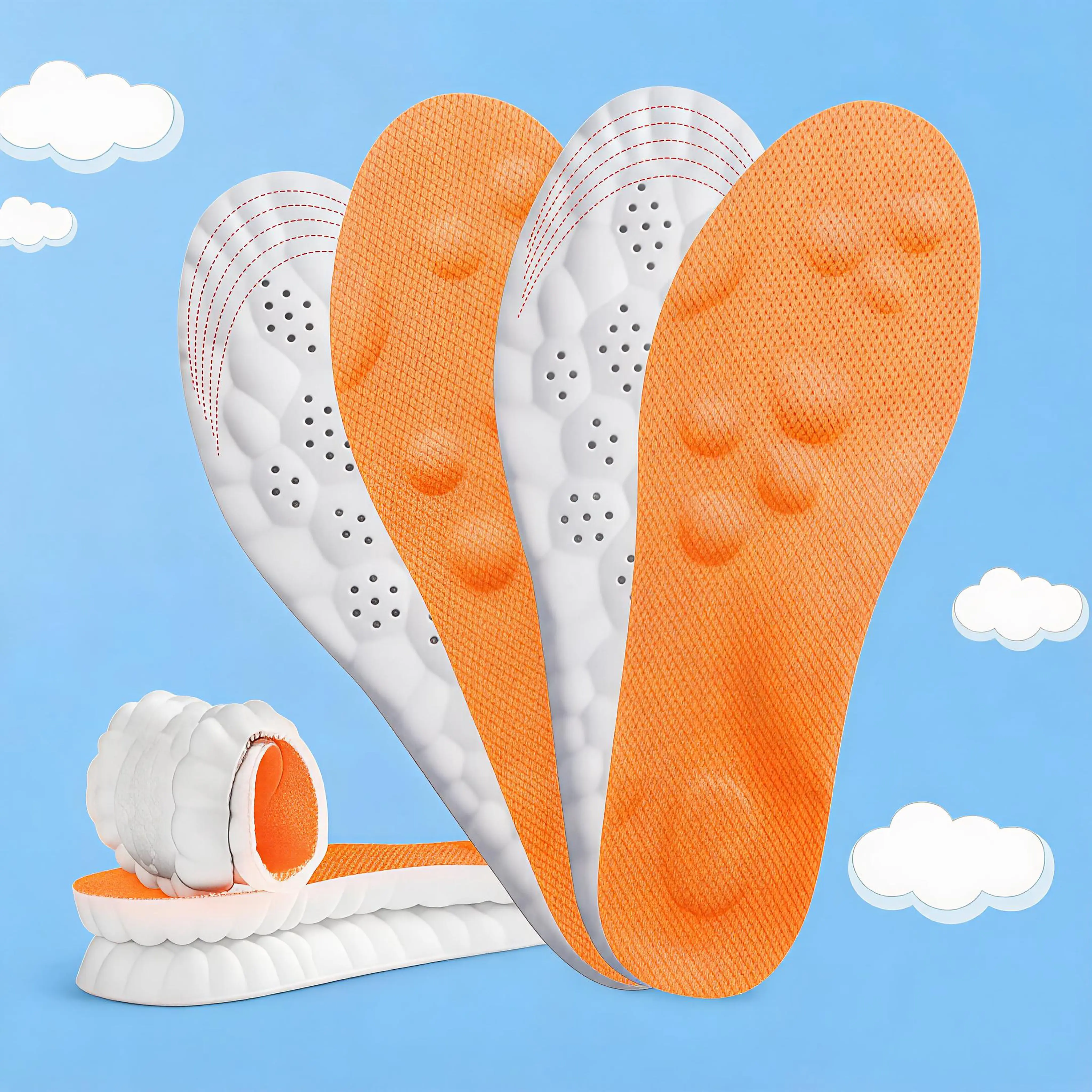Dynamic insoles: quiet gel + memory foam, quick-drying surface, ergonomic bumps.Suitable for gymnastics, badminton, and jump rope.Vibration reduction, pain relief, anti-swelling, odor resistance.Universal fit for sneakers, boots, and cleats.