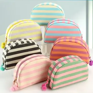 New Striped Shell Makeup Bag |   Fashion Macaron Zipper Cosmetic Organizer |   Portable Travel Toiletry Pouch |   Perfect Gift,, Christmas &'s Day