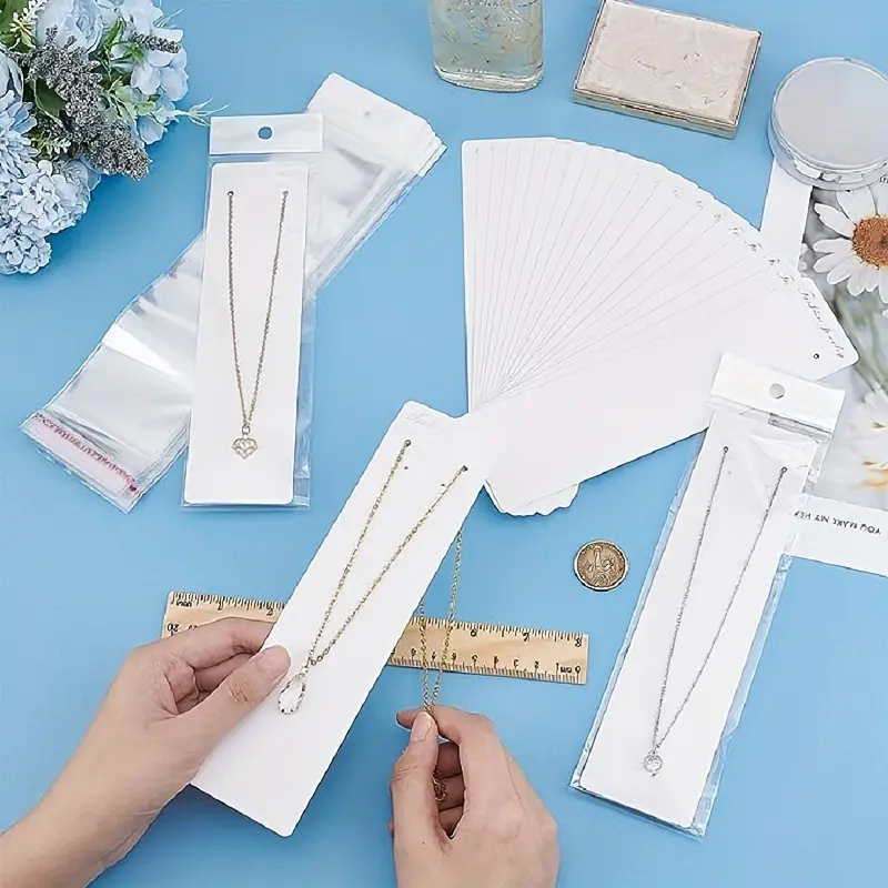 60pcs Necklace Display Cardboard Set, White Rectangular Self-Adhesive Label with Self-Sealing OPP Bag, Jewelry Earrings, Jewelry Display Packaging, Small Commercial Items