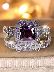 Geometric Square Ring Set for Women & Girls Synthetic Crystal Inlay Elegant Luxury Design Engagement Ring Daily Wear Jewelry Accessory for All Seasons Cluster Ring