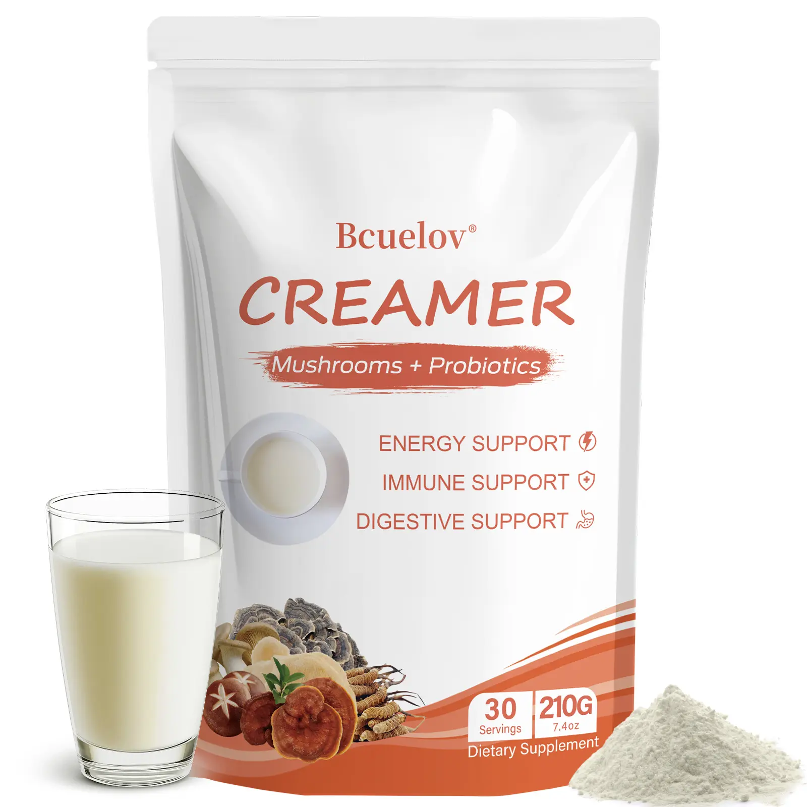 Bcuelov Mushroom Coffee Creamer with Probiotics, Coconut Creamer Powder with Lion's Mane Reishi Cordyceps Shiitake Turkey Tail & King Trumpet, Vanilla, Vegan, 30 Servings