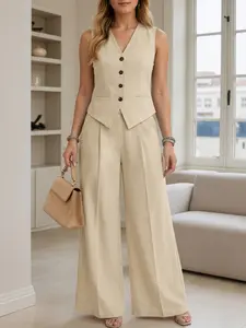 ZANZEA Women's Casual Womenswear, V-Neck Sleeveless Asymmetrical Hem with Pockets, Vest and Long Pants Design Outfit, Suits, Ideal for Everyday Wear, Travel, Commute