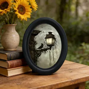 Dark Gothic Raven Streetlight Oval Frame Artistic Wall Art, Vintage Rustic Decor, Halloween Festive Home Decoration, Bedroom Living Room Poster
