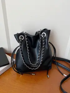 Elegant Chain Bucket Bag, Vintage Large Capacity Shoulder Bag, Fashionable Bucket Bag, Drawstring Design, Handheld & Crossbody, Perfect for Commuting, Elegant Commuter Bag, Casual Shoulder Bag
